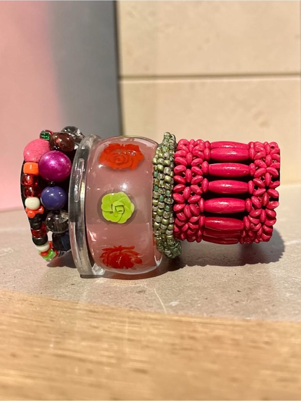 Chunky Boho Bracelet Stack Set Vintage Lucite Floral Bangle Pink Wood Bead Cuff